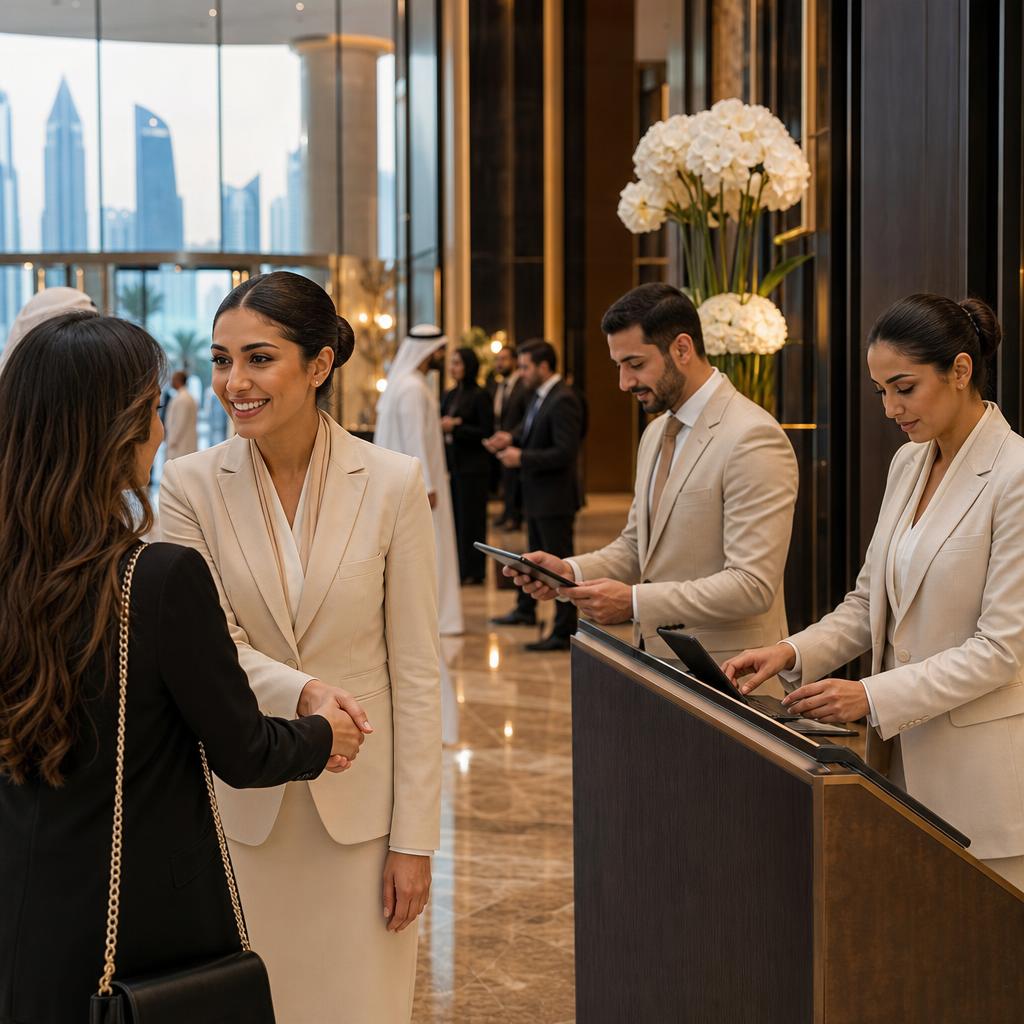An event hostess warmly greeting a guest beside the registration team