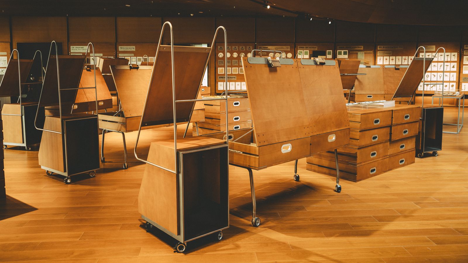 Wooden exhibition stands ready for visitors, waiting for briefed exhibition staff in Dubai
