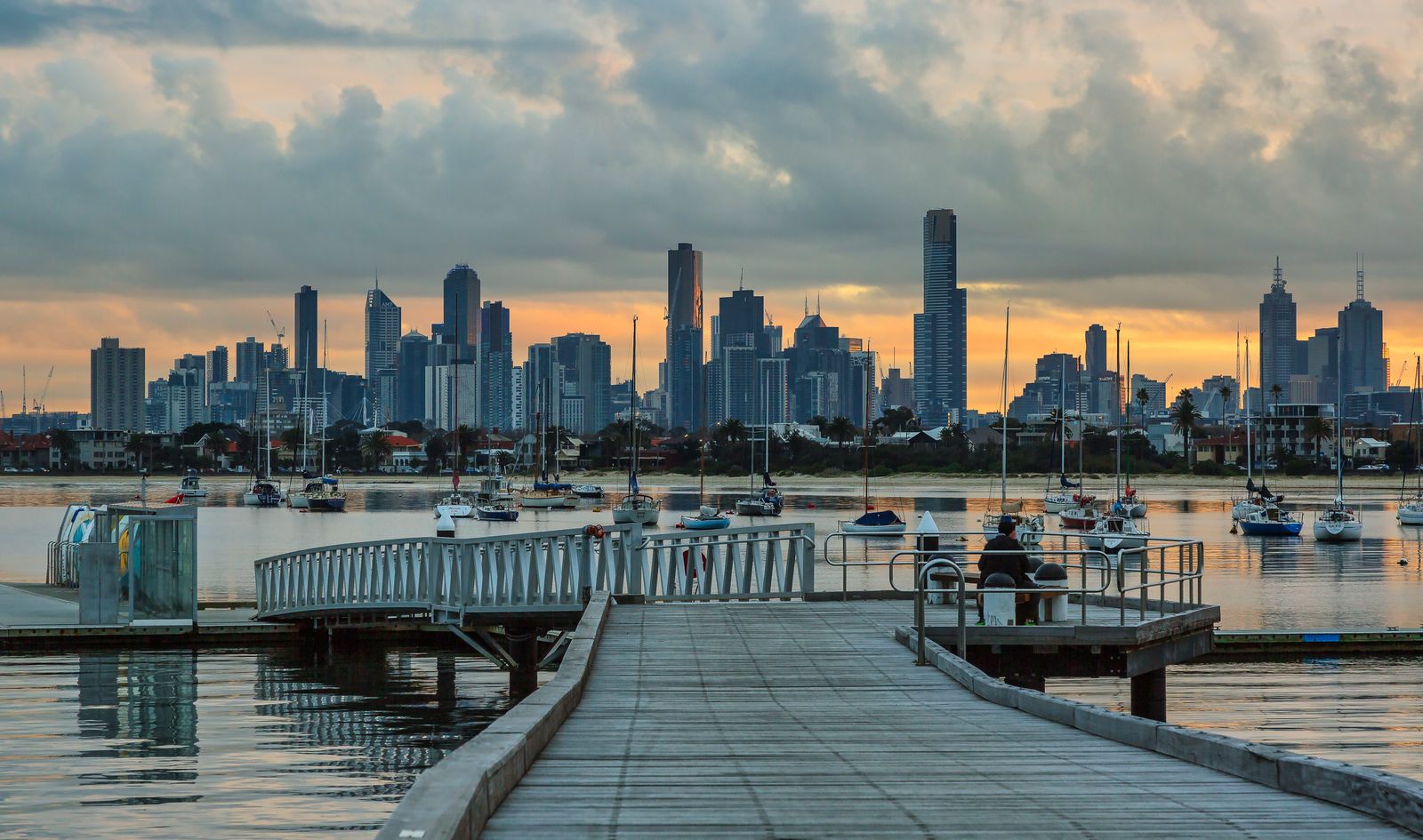Melbourne skyline at sunset seen from a pier, a city where event staffing in Melbourne spans conferences and sport
