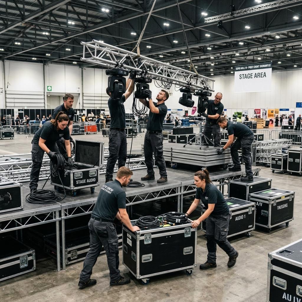 Event setup crew handling stage equipment and cables in a large venue